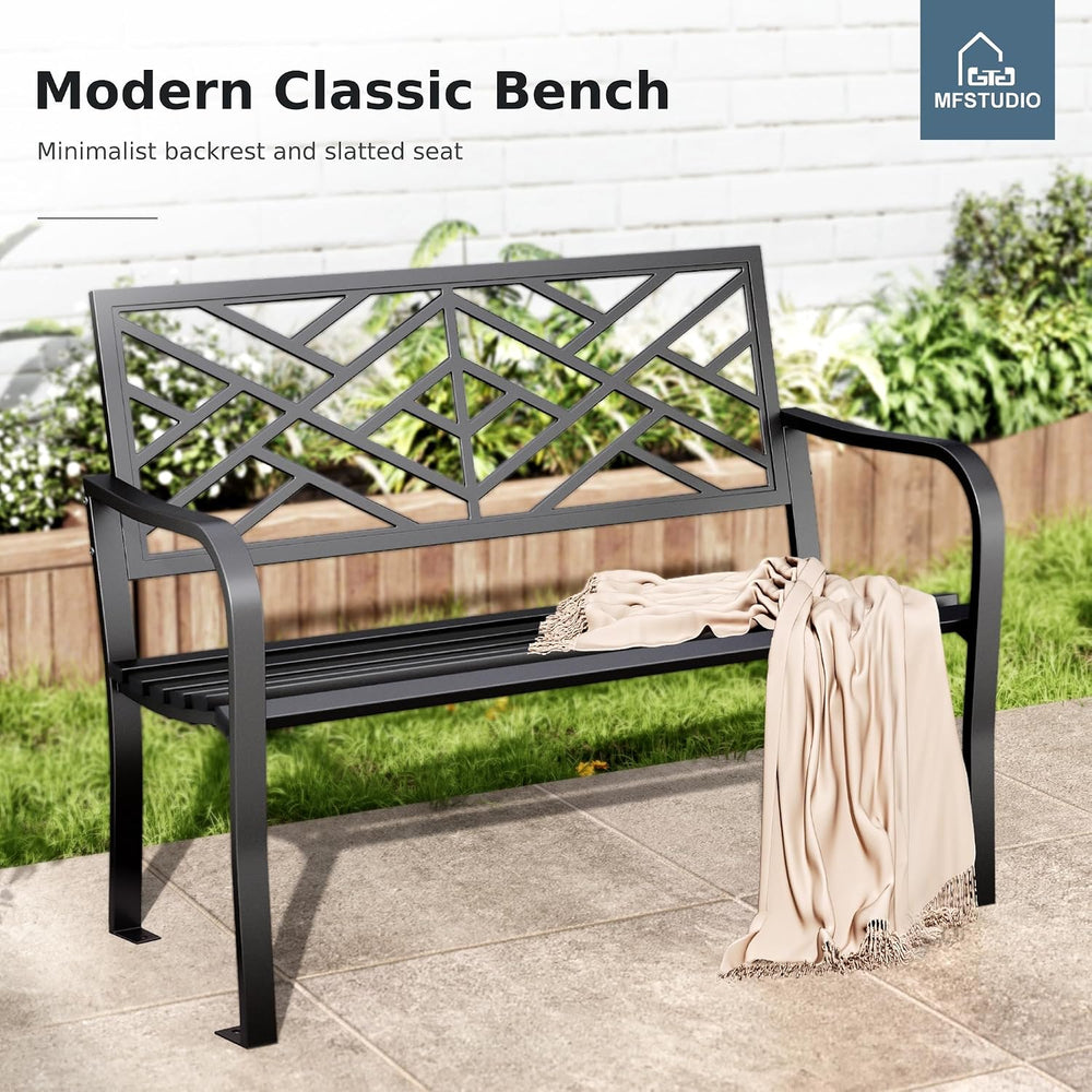 MFSTUDIO 43.7” Cast Iron Outdoor Garden Bench, Geometric Backrest, Black