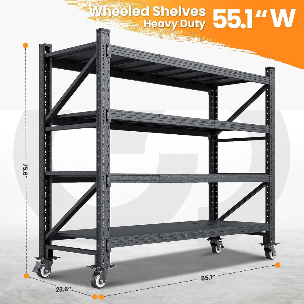 55.1” Wide Heavy Duty Metal Garage Shelving, Steel Shelf with Wheels