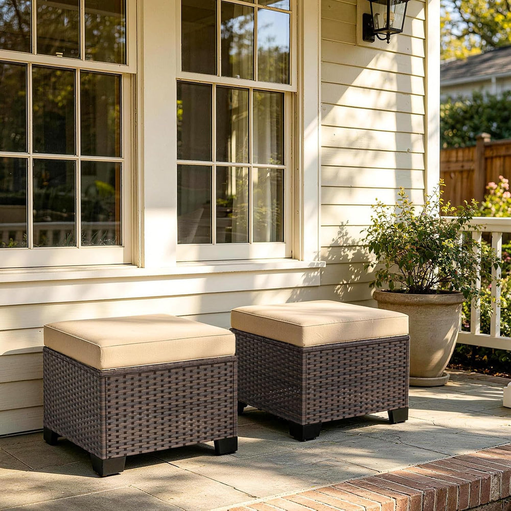 2 Pieces Wicker Ottomans, All Weather Rattan Patio Ottoman with Removable Cus...