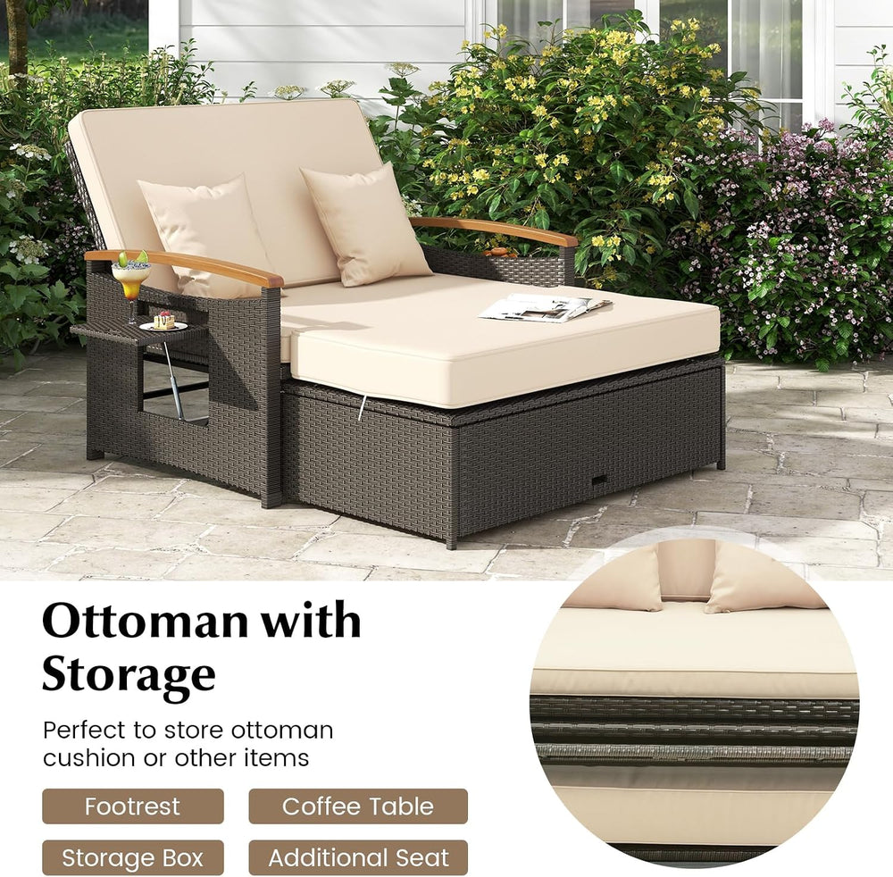 Moccha Outdoor Wicker Daybed, Patio Rattan Loveseat Sofa w/ 4-Level Adjustabl...