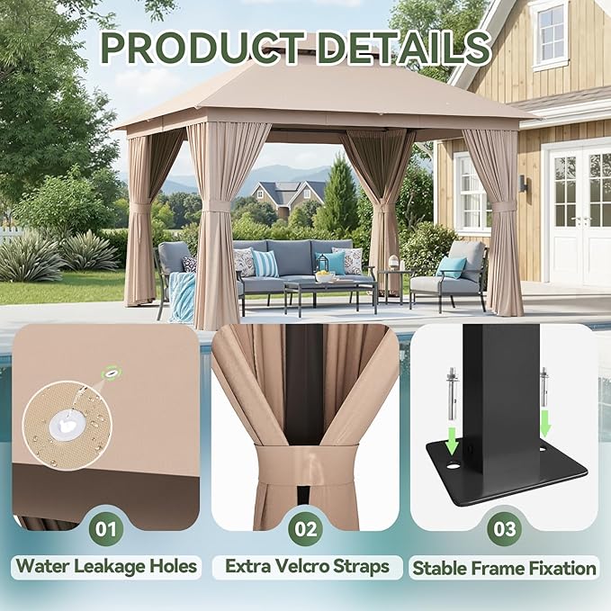 Aoxun 10x10 Outdoor Gazebo with 50FT LED Hanging Lights Metal Frame Canopy wi...