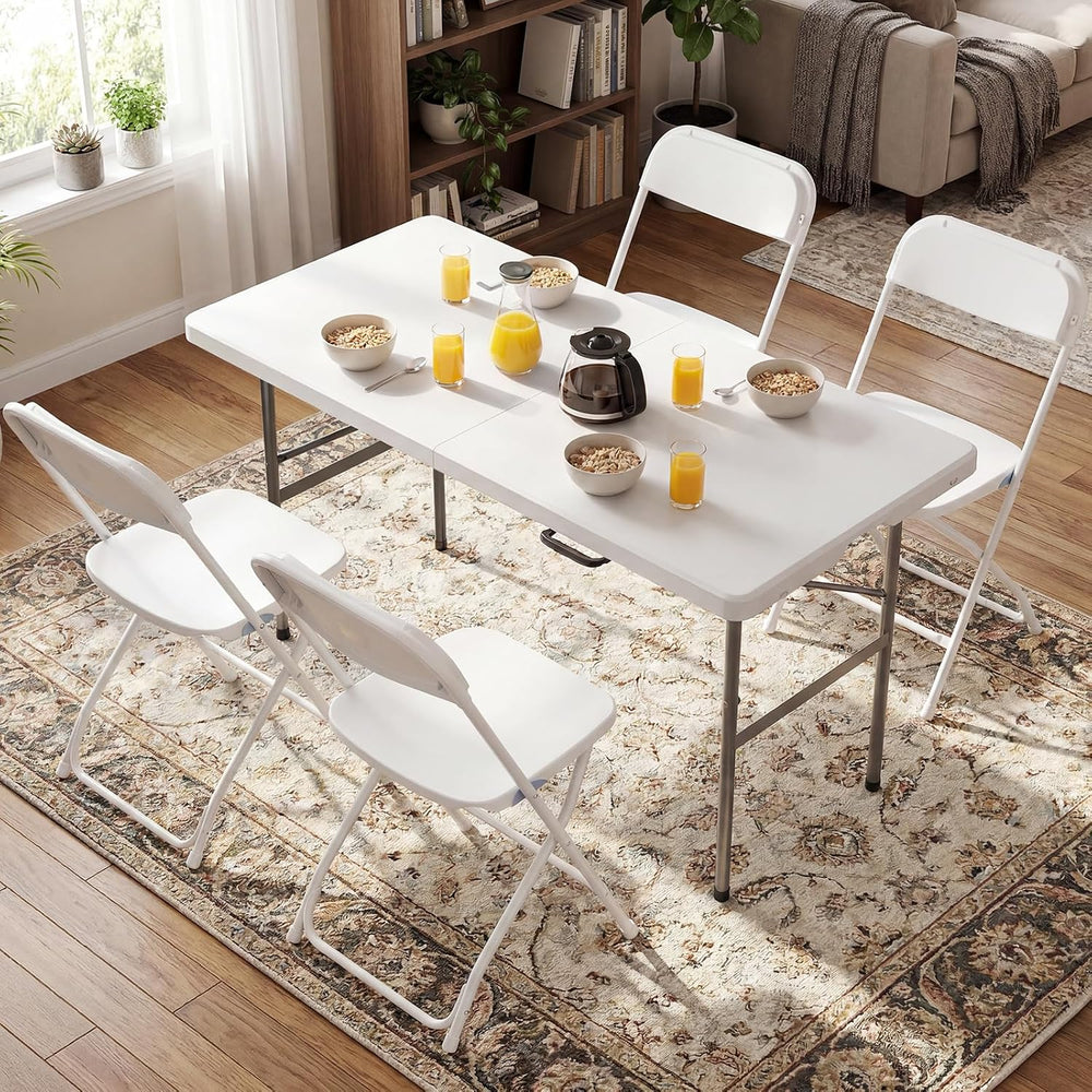 DUMOS 4 FT Folding Picnic Table with 4 Folding Chairs, Easy to Keep, White