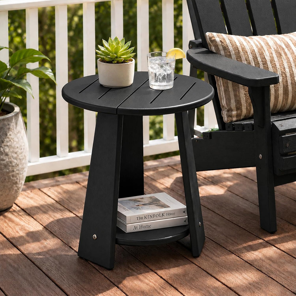 Round Outdoor Side Table, 2-Tier Small HDPE Side Table, Black
