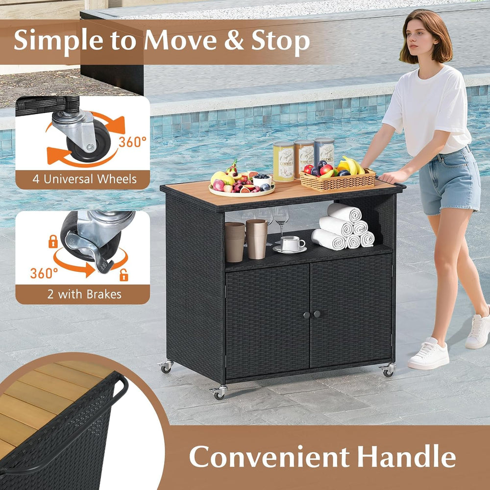 HAPPYGRILL Outdoor Storage Cabinet with Wheels, PE Rattan Deck Box (Black)