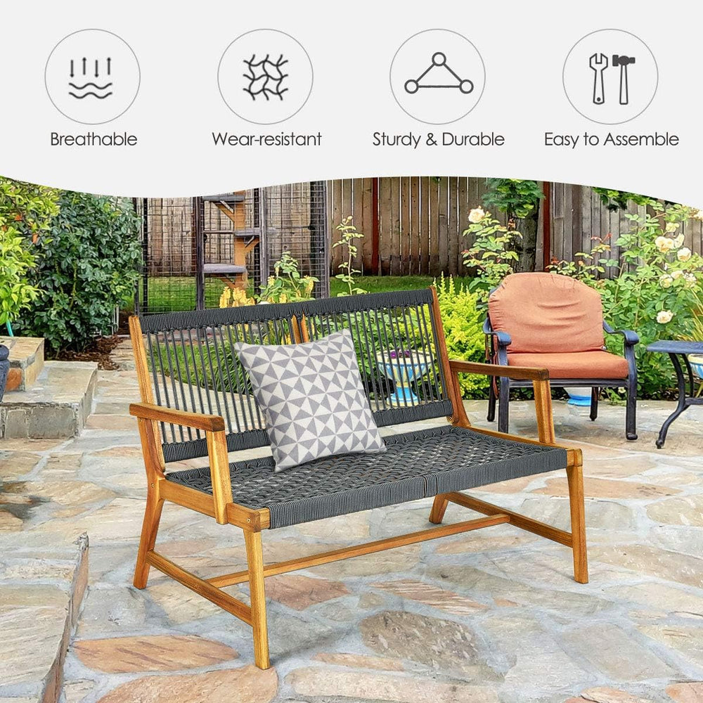 Tangkula 2-Person Patio Acacia Wood Bench Loveseat, Outdoor Patio Rope Bench ...