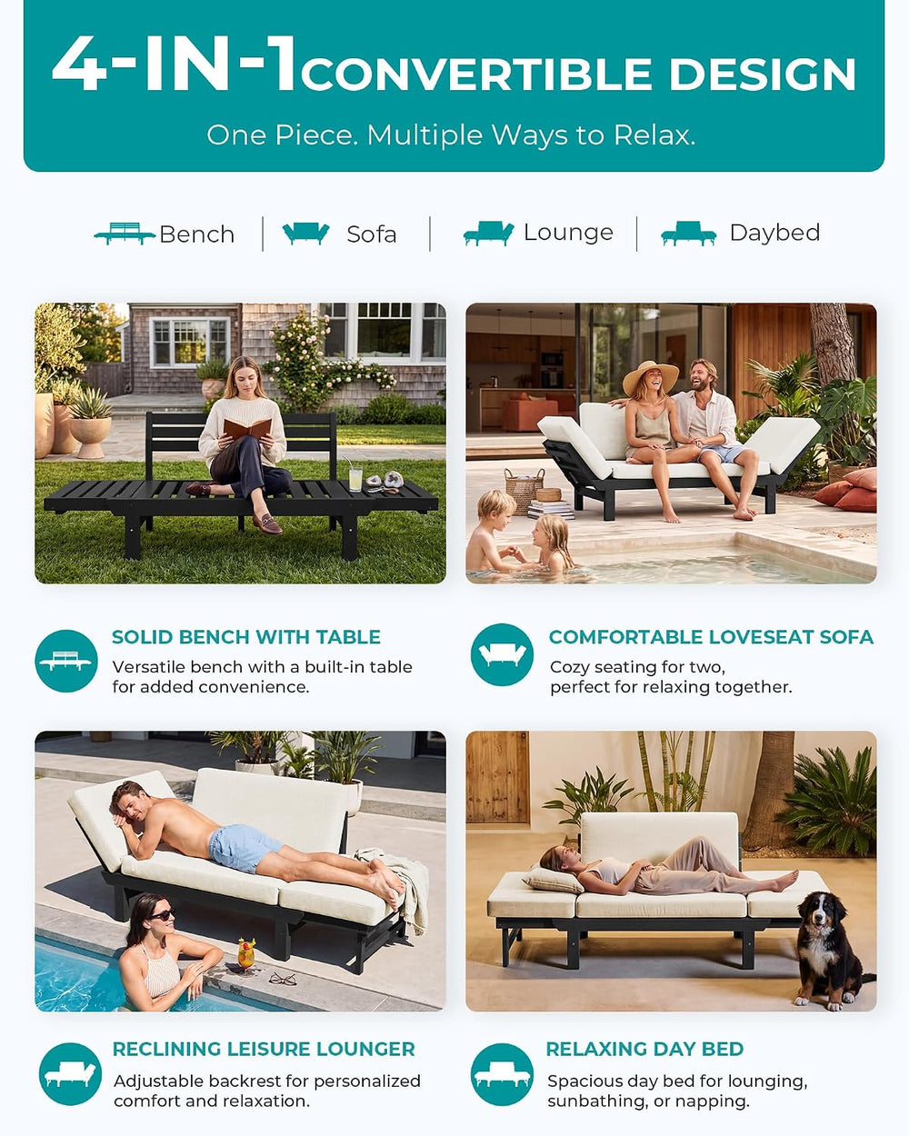 SERWALL HDPE Convertible Patio Couch Sofa Bed with Adjustable Armrests, Outdo...