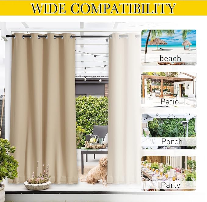 NICETOWN 2 Panels Outdoor Curtains for Patio Waterproof & Windproof, Grom...