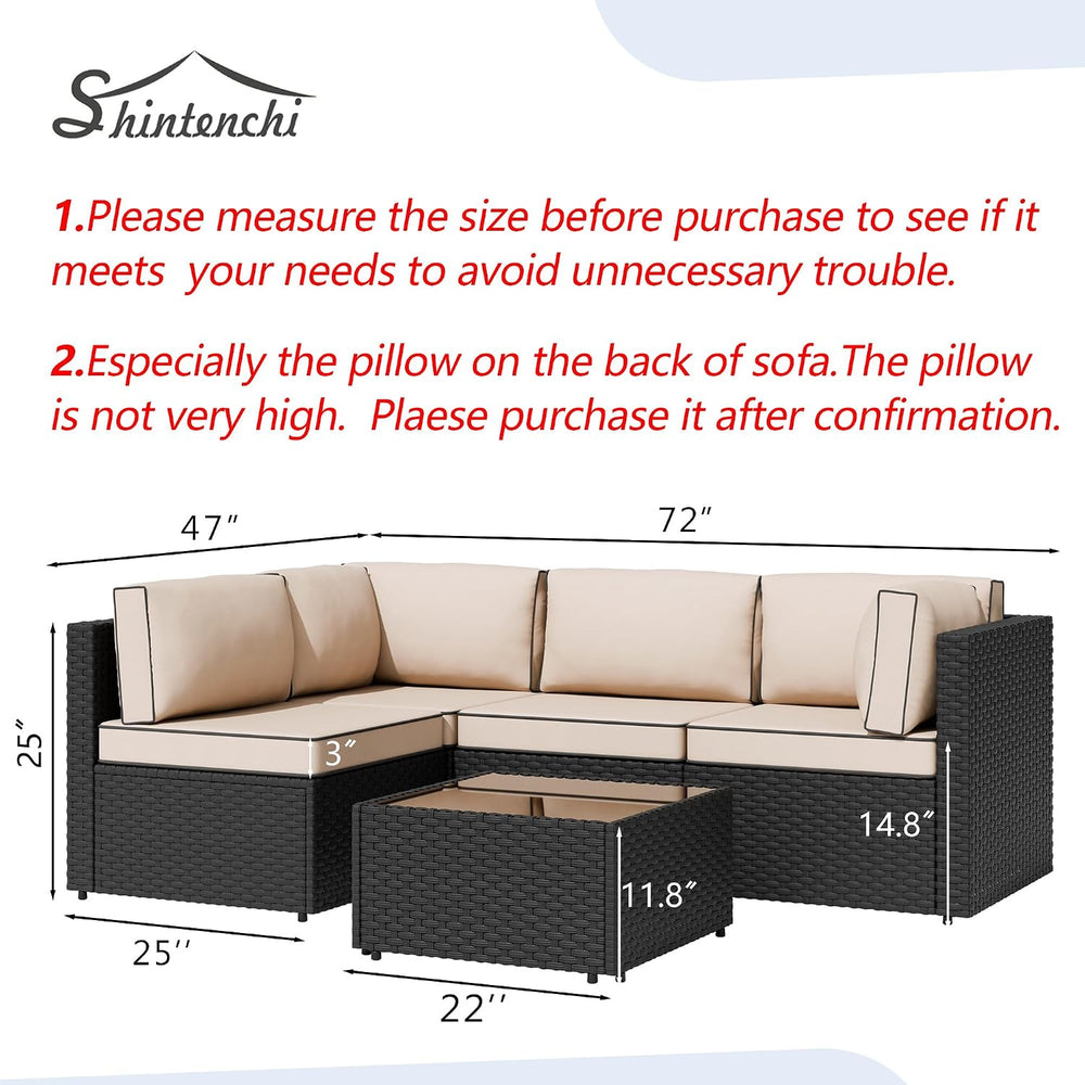 Shintenchi 5 Piece Outdoor Patio Furniture Set with Black PE Rattan, Khaki