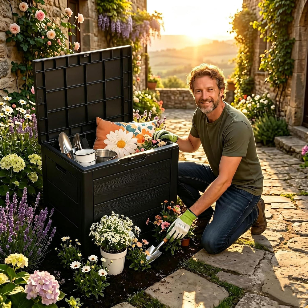 35 Gallon deck box outdoor waterproof, Resin Outdoor Storage, Black