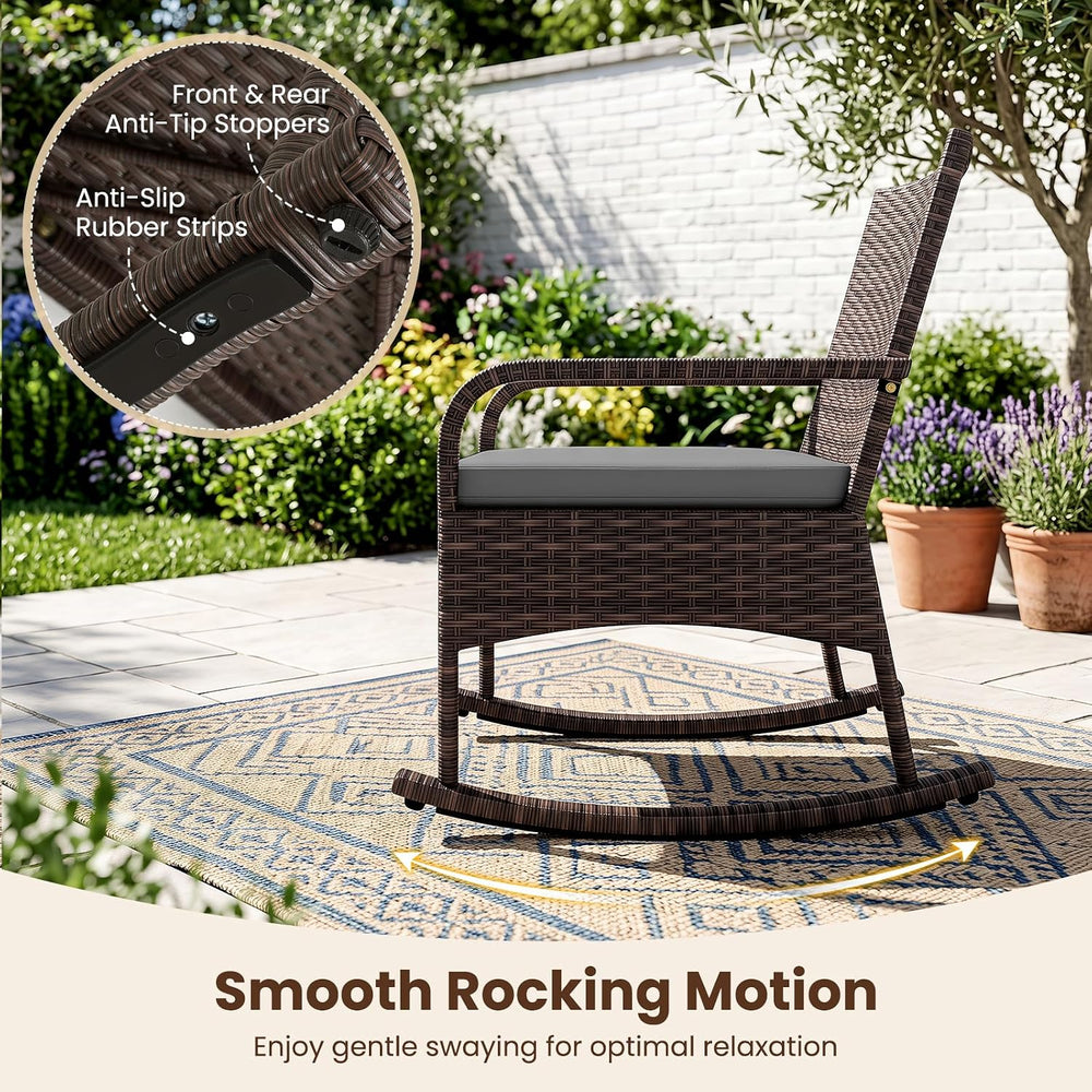 Tangkula 3-Piece Outdoor Wicker Rocking Bistro Set with 2-Tier Coffee Table