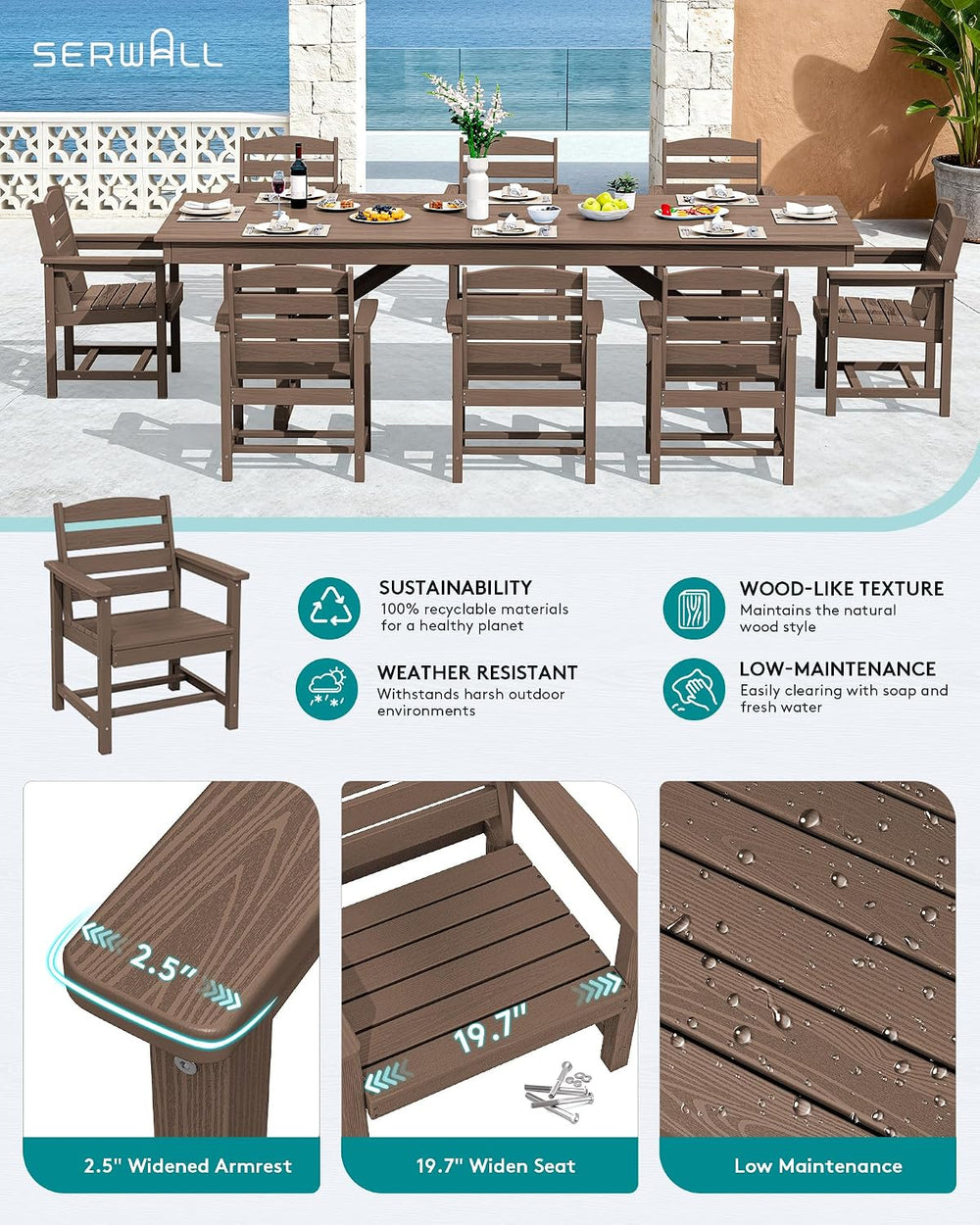 SERWALL Outdoor HDPE Dining Chairs Set of 4 with Arms & Widended Seat,Brown