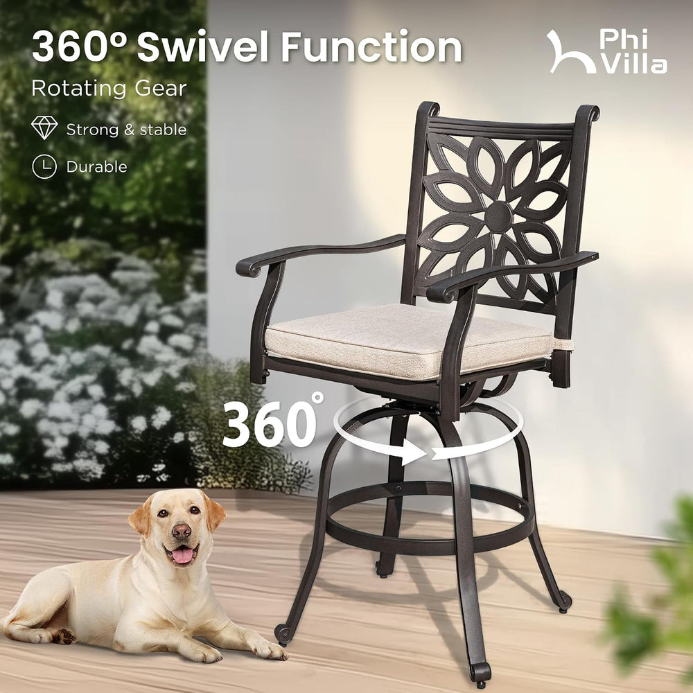 PHI VILLA Outdoor Bar Stools Swivel Set of 2,Cast Aluminum Patio Bar