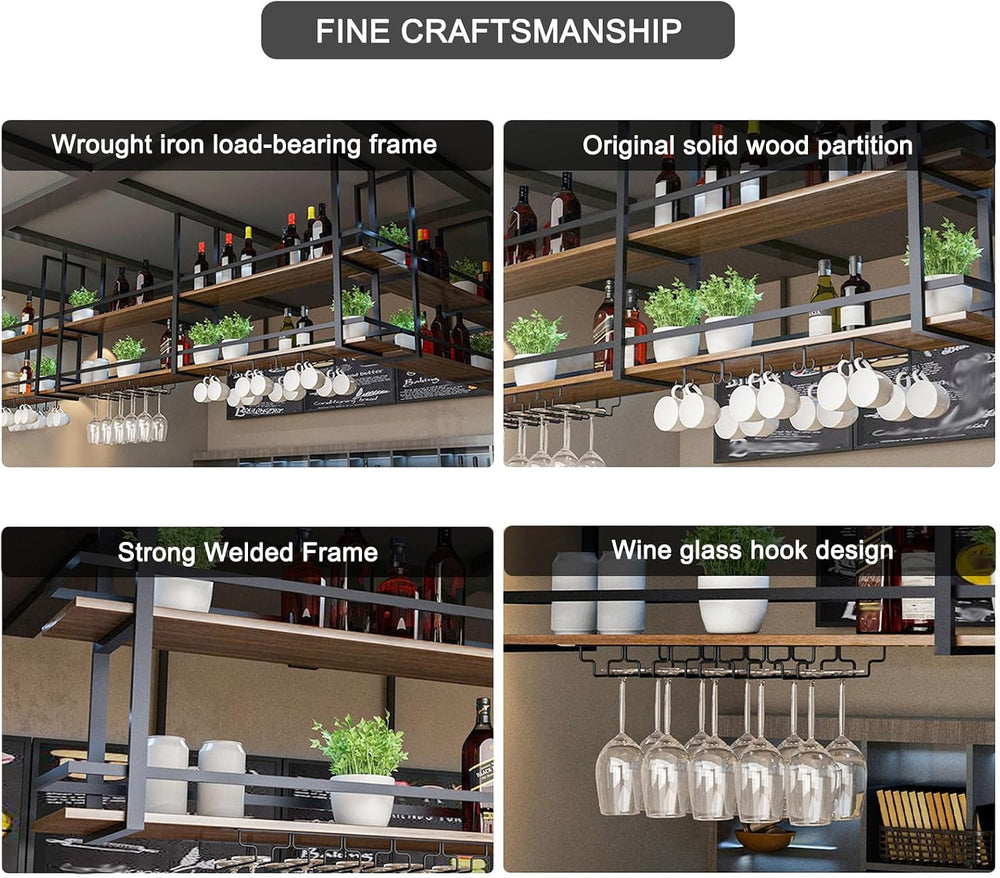 Ceiling Wine Glass Rack with Glass Holder, 39.3in 2-Tier Hanging Bar Shelf