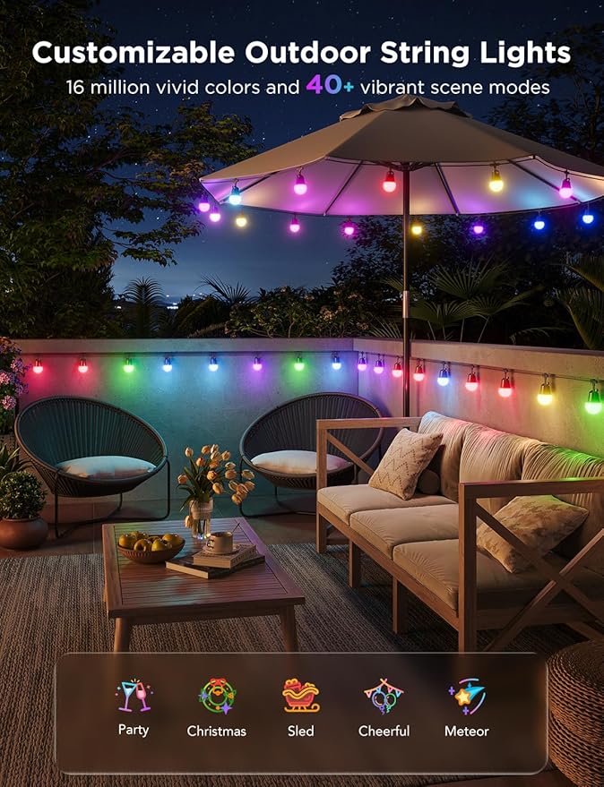 Govee Smart Outdoor String Lights 2, 96ft RGBIC Outdoor Lights with Dimmable ...