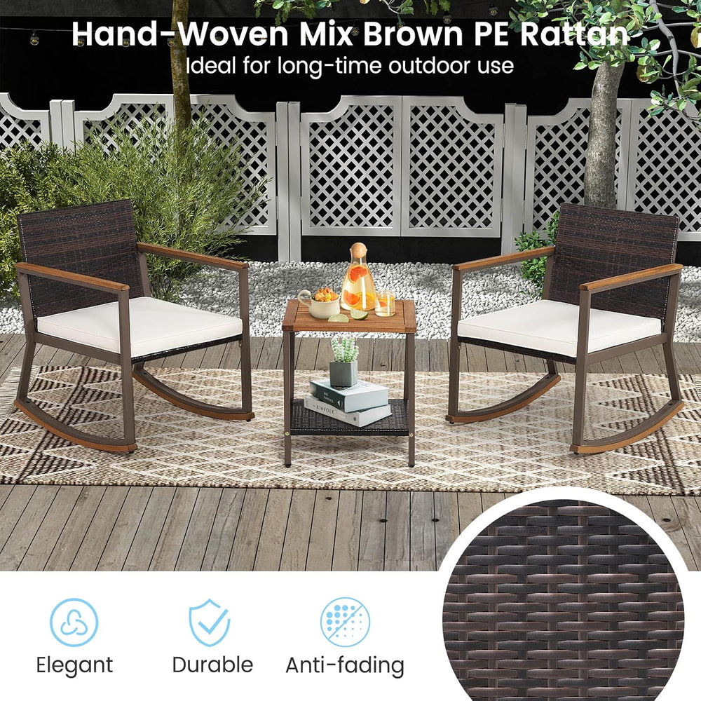 HAPPYGRILL 3 Piece Rocking Bistro Set, Outdoor PE Wicker Rocking Chair with C...