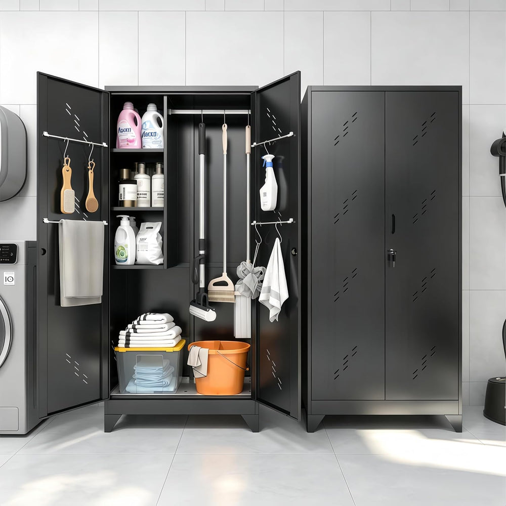 75" Metal Storage Cabinet with Lockable Doors,Utility Closet,Black