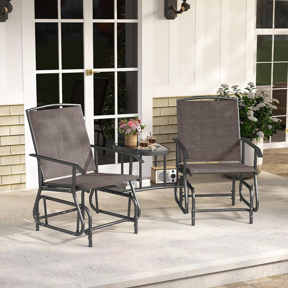 Tangkula 2-Seater Outdoor Glider Bench with 2-Tier Center Table (Brown)