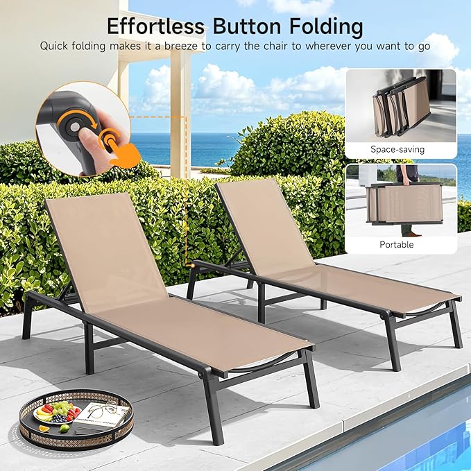 ONBRILL Aluminum Chaise Lounge Chair Outdoor, Foldable & Assembly Free Ou...