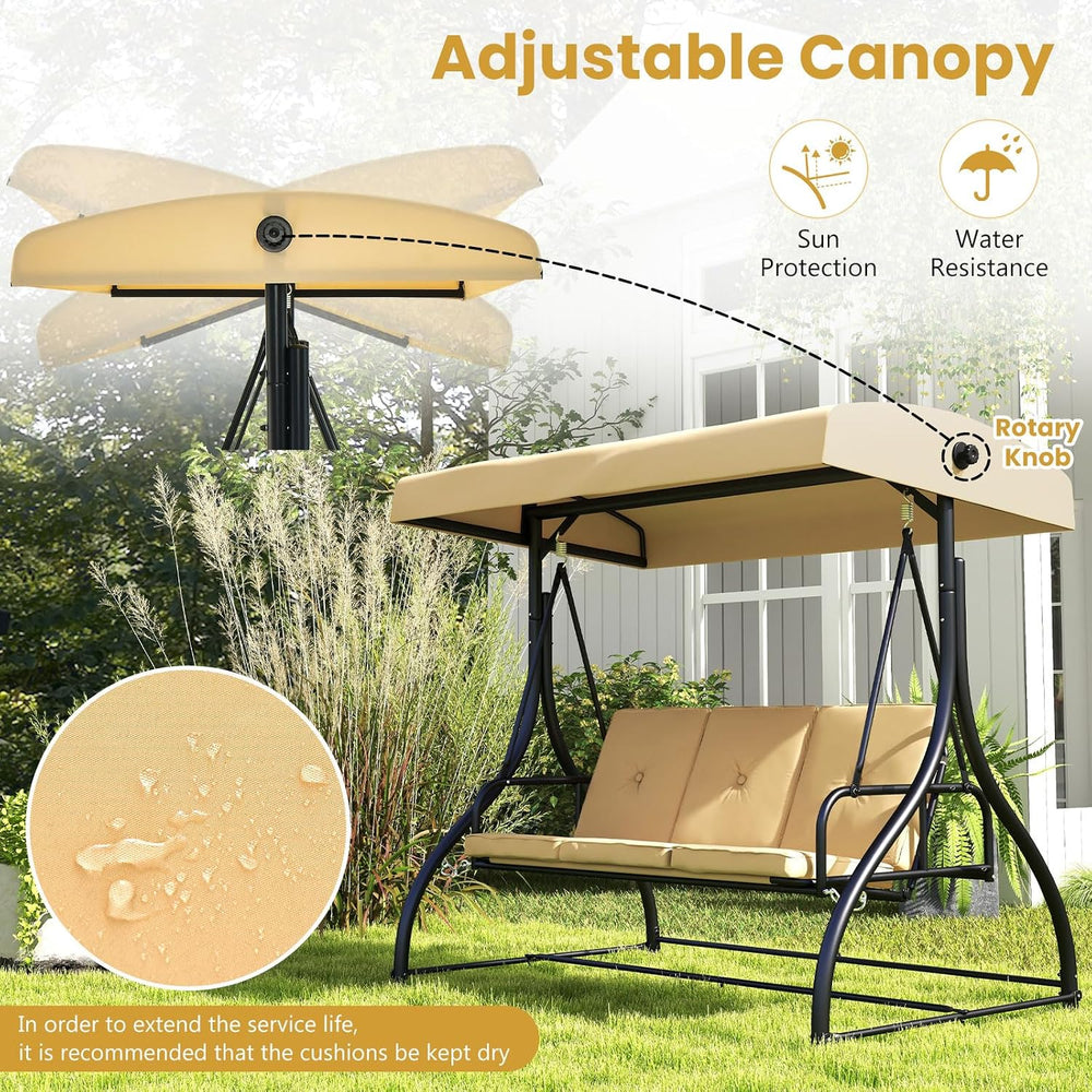 HAPPYGRILL 3 Seat Outdoor Porch Swing with Adjustable Canopy & Foot Pad