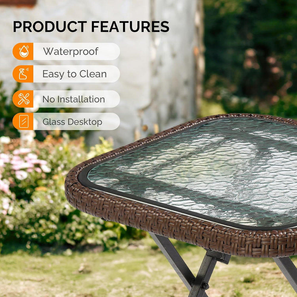 VINGLI 18in Modern Brown Rattan Folding Glass Outdoor Side Table, Small Patio...