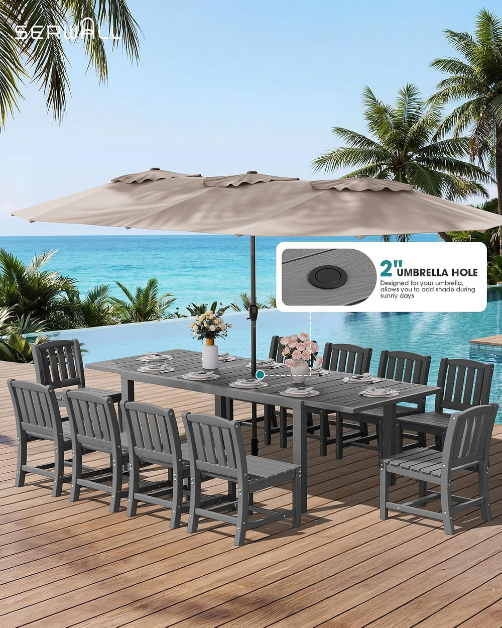 SERWALL Patio Dining Sets for 8 with 15FT Patio Umbrella, Grey