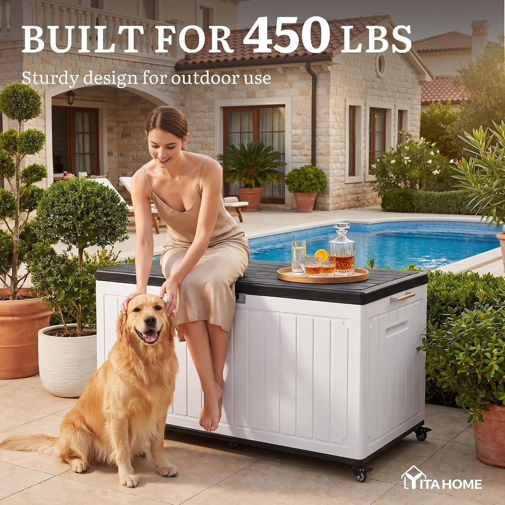 YITAHOME 90 Gallon Outdoor Storage Box with 6 Swivel Wheels & Dual Wooden