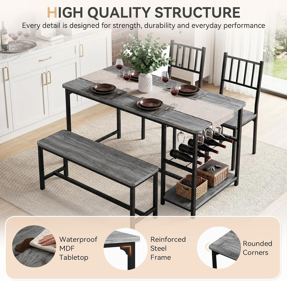 4 EVER WINNER 55-Inch Dining Table Set for 4 with Bench, Wine Rack, Grey