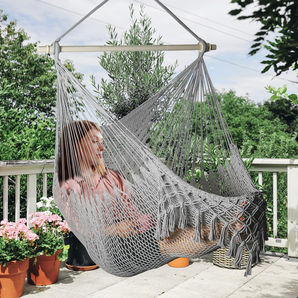 Handwoven Cotton Rope Hammock Chair with Metal Spreader Bar, Boho Hanging Cha...