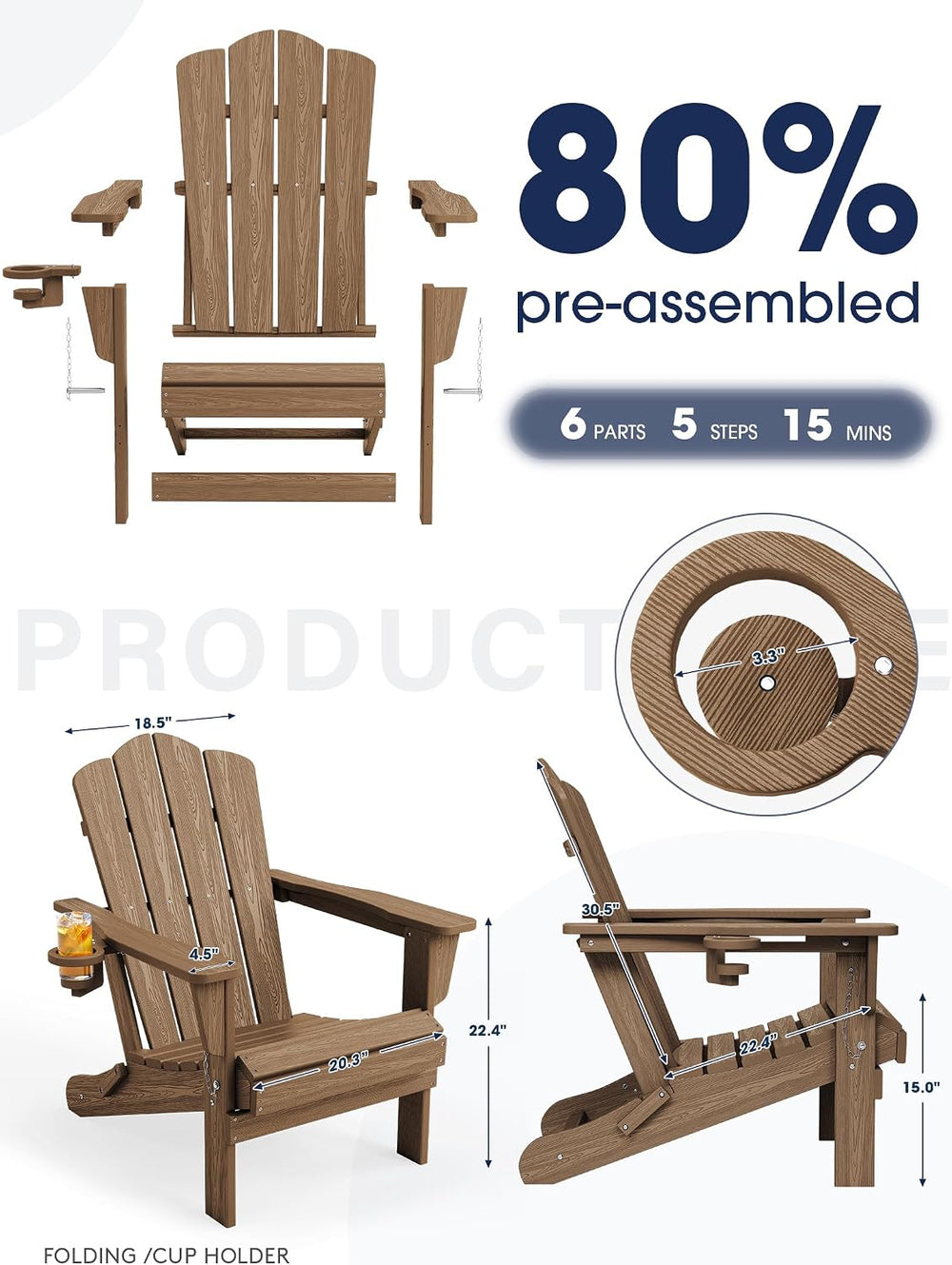 KINGYES Folding Adirondack Chair Set of 2 with Cup Holder, Brown