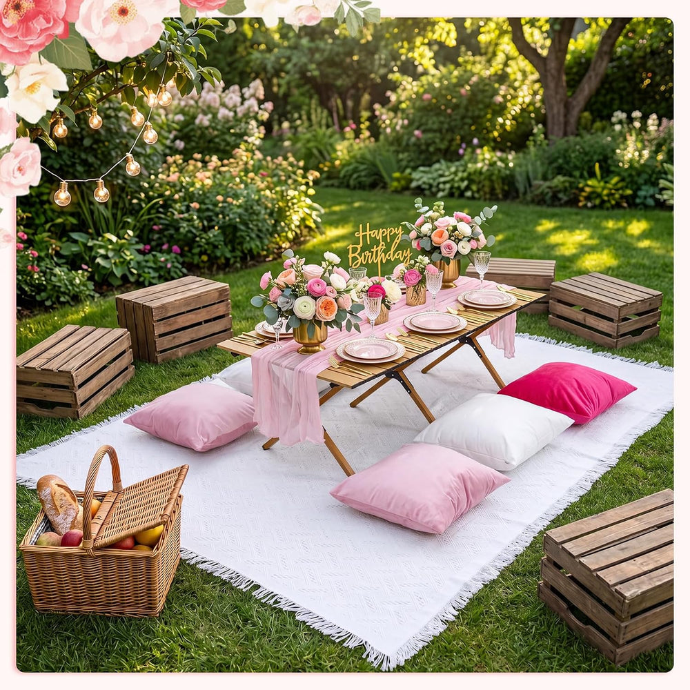 Leinuosen 9 Pcs Boho Picnic Set with Folding Low Table, Pink