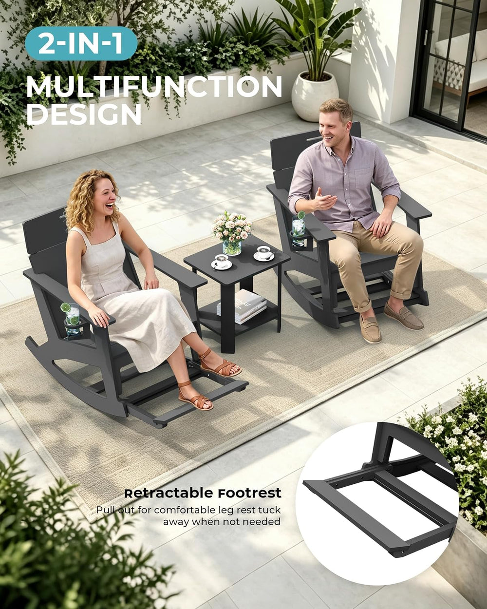 Outdoor Rocking Chair, HDPE Patio Porch Rocker with Ottoman, Grey