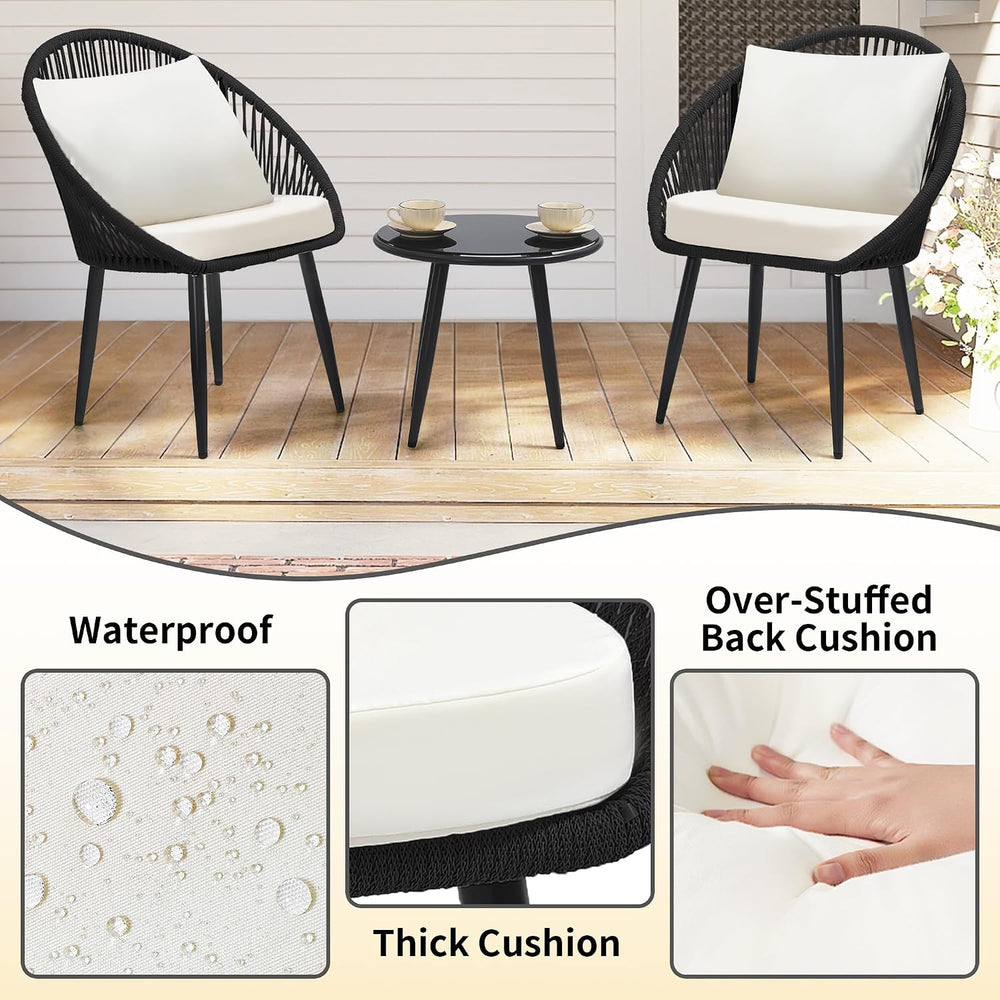 wildformers 3-Piece Bistro Set, Woven Rope Chair with Cushions, Black
