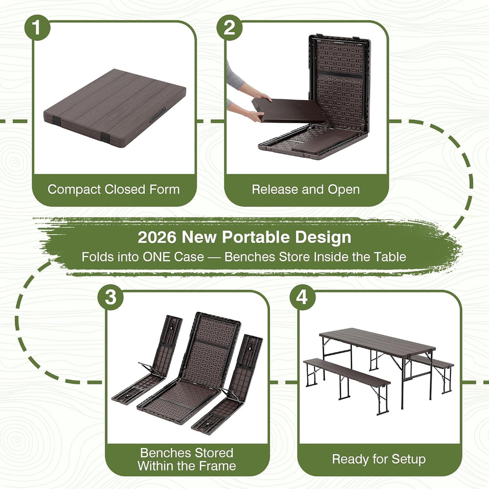 Picnic Table Set with 2 Benches,6 Feet Folding Camping Table Chair Set with W...