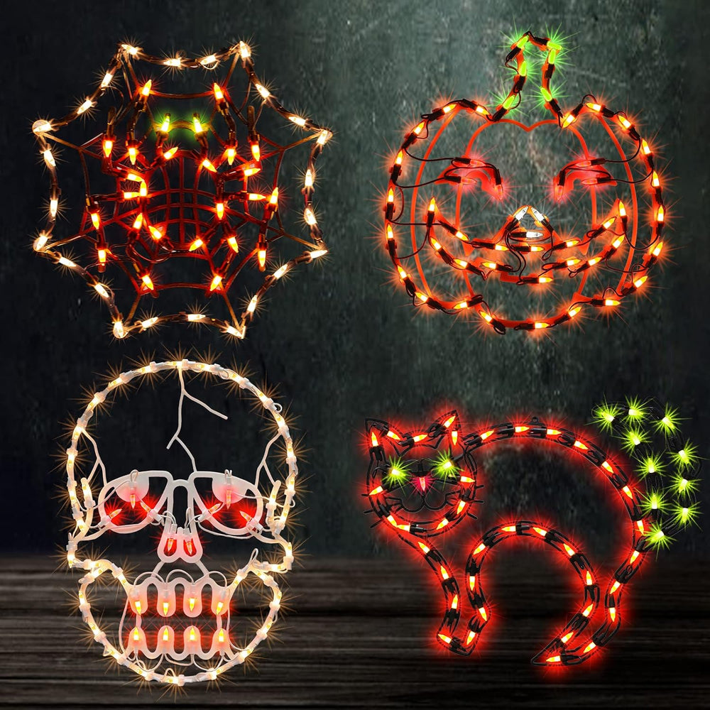 4 Pack Lighted Halloween Window Silhouette Decoration,Jack-O-Lantern, Cobwet,...