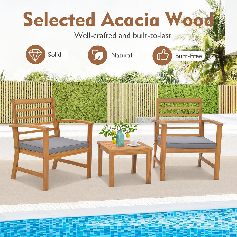 Tangkula 3 Pieces Outdoor Furniture Set, Acacia Wood Conversation Set with So...