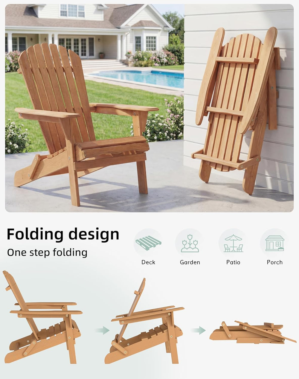 Wooden Folding Adirondack Chair Set of 4, Pre-Assembled BackRest Wood Lounge ...