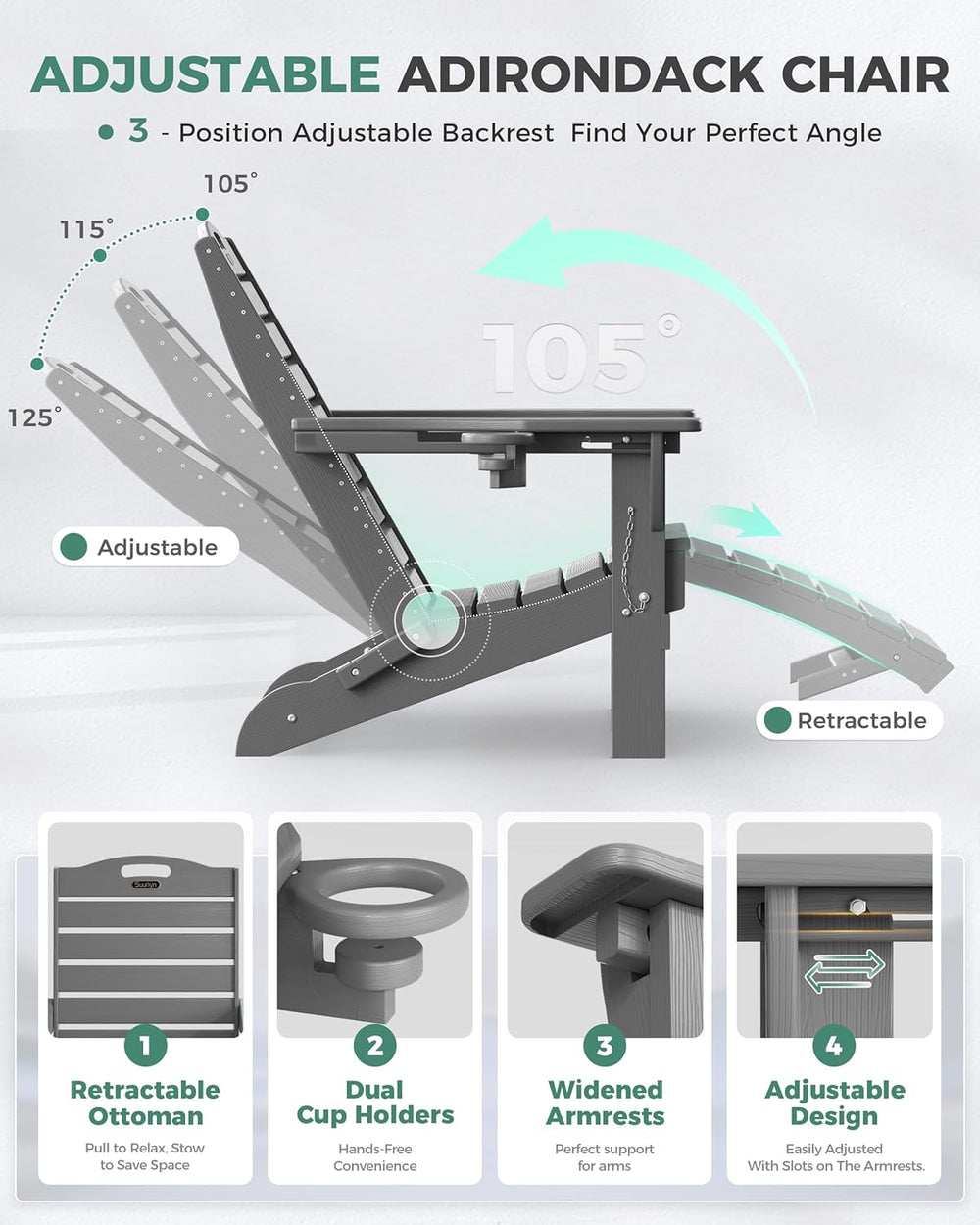 Adjustable Adirondack Chairs with Retractable Ottoman, HDPE Folding Adirondac...