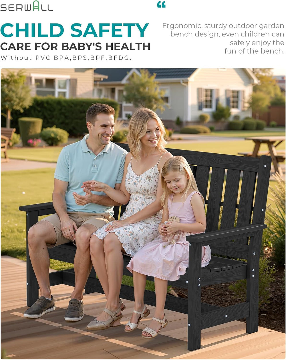 SERWALL HDPE Outdoor Bench with Cup Holder Oversized 58" Porch Bench, Black