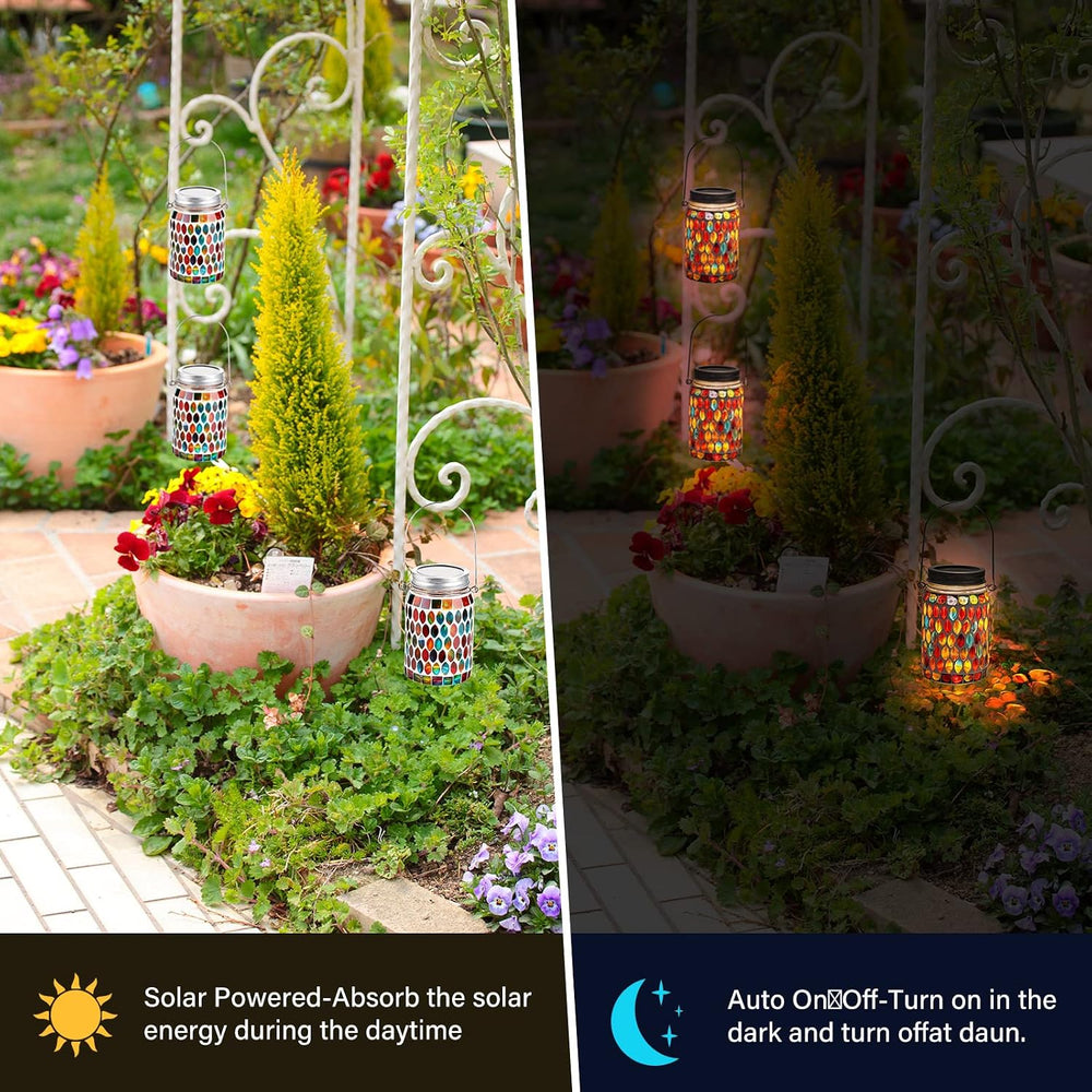 3 Pieces Solar Powered Mosaic Lights, Outdoor Hanging Solar Lantern Lamp Wate...