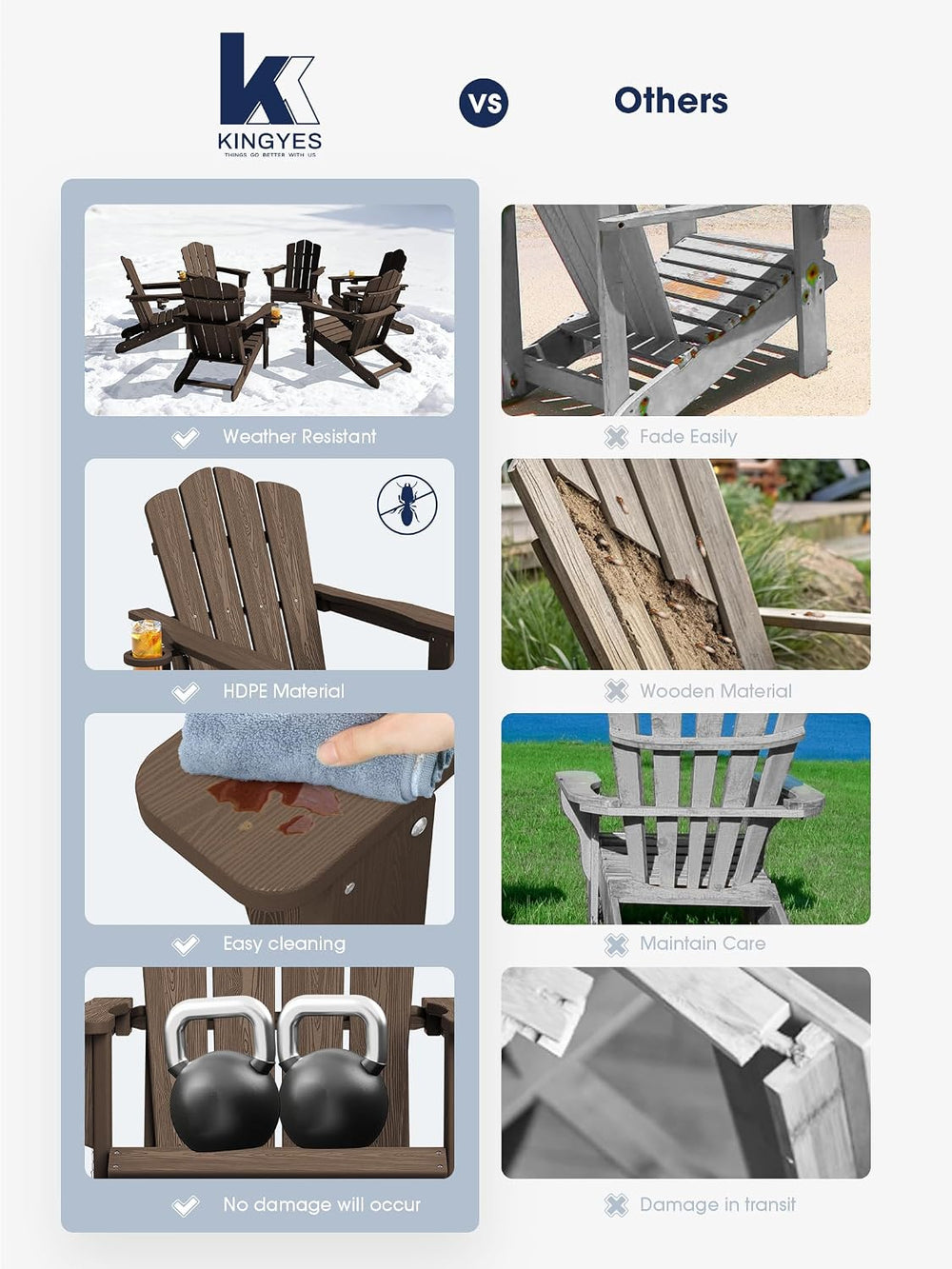 KINGYES Folding Adirondack Chair Set of 2 with Cup Holder, Coffee