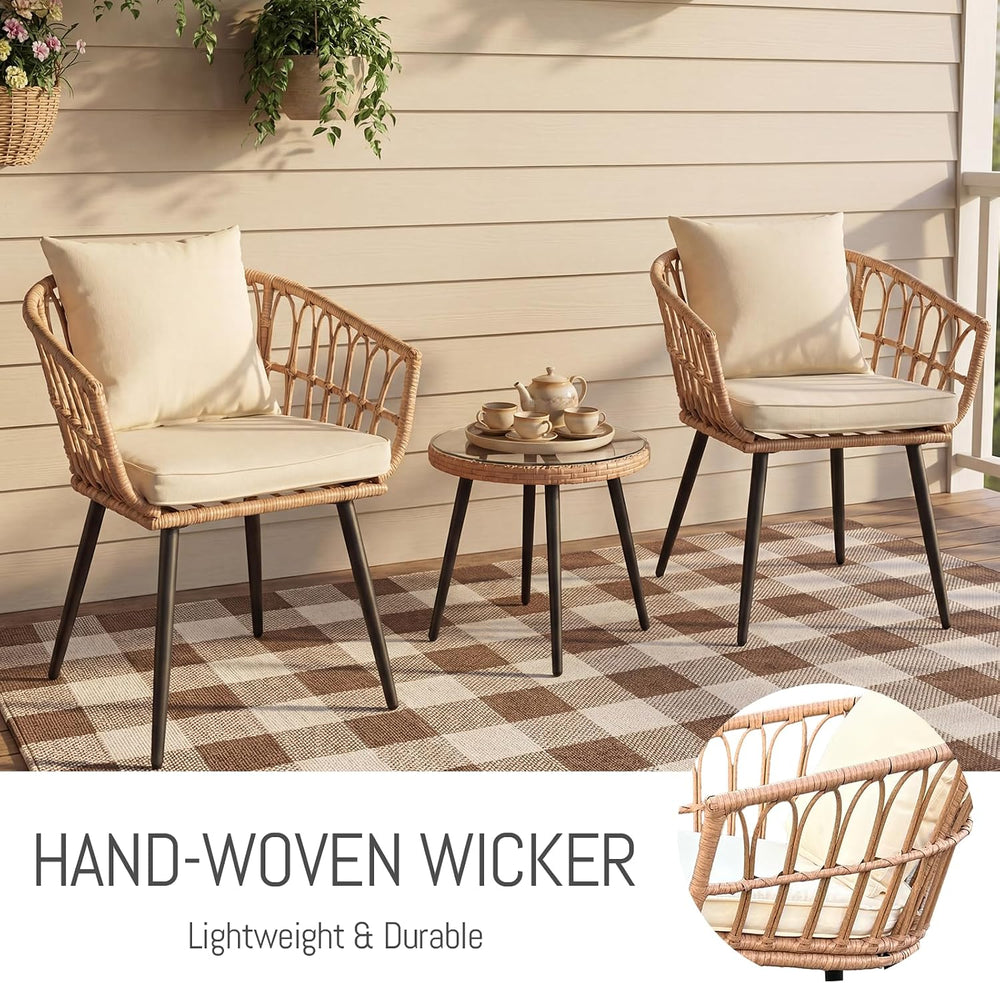 3 Piece Patio Bistro Set, All-Weather Outdoor Rattan Balcony Furniture Set wi...