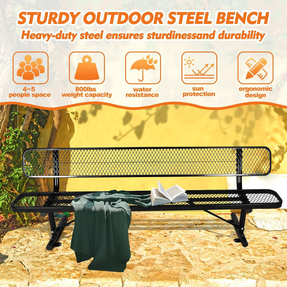Metal Park Bench for Outside, Outdoor Bench with Backrest & Portable Frame