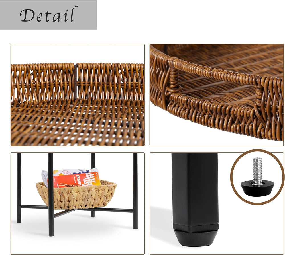 DINGTAI Small Wicker Round End Table, 16.5 in Rattan End Tables with Removabl...