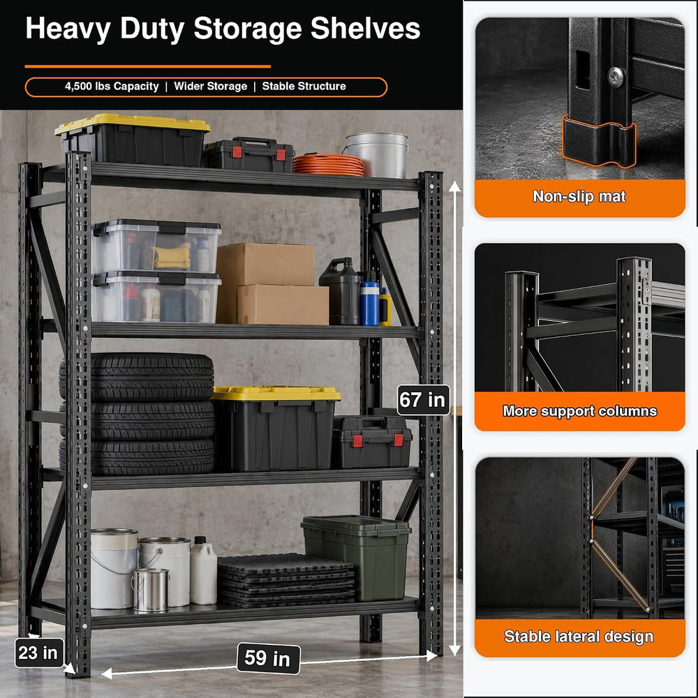 Heavy Duty Garage Shelving, 4-Tier Metal Shelving Unit, 4500 lb