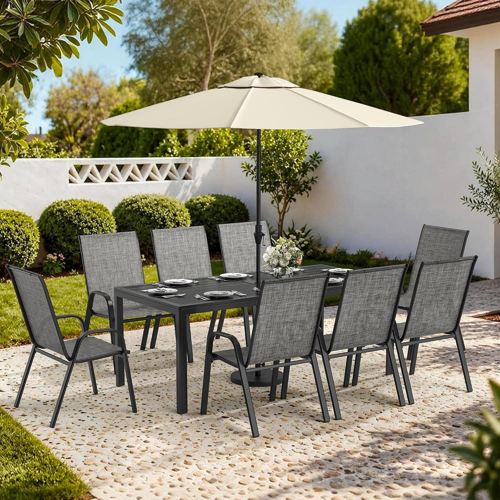 Pamapic Outdoor Dining Sets for 9, Rectangular Steel Slat Table with 8 Textil...