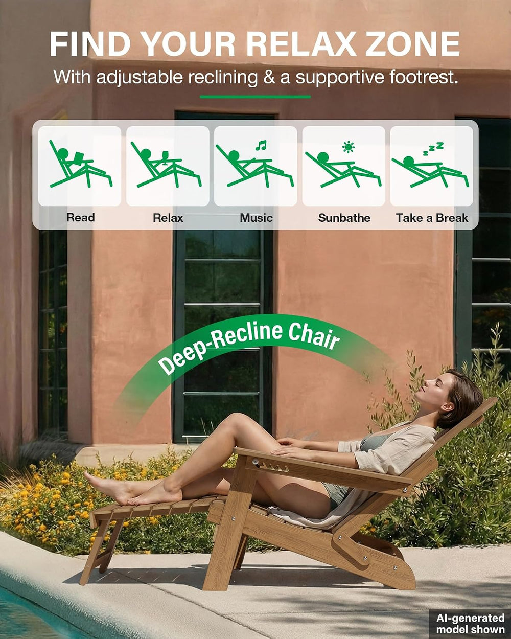 YEFU Adjustable Adirondack Chair with Footrest,All-Weather, Set of 2,Walnut