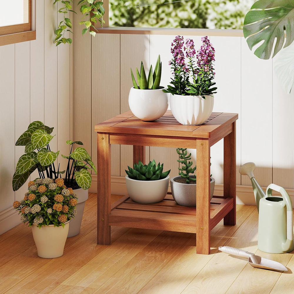 HAPPYGRILL 2-Tier Outdoor Wood Side Table with Storage Shelf, Patio Wooden En...