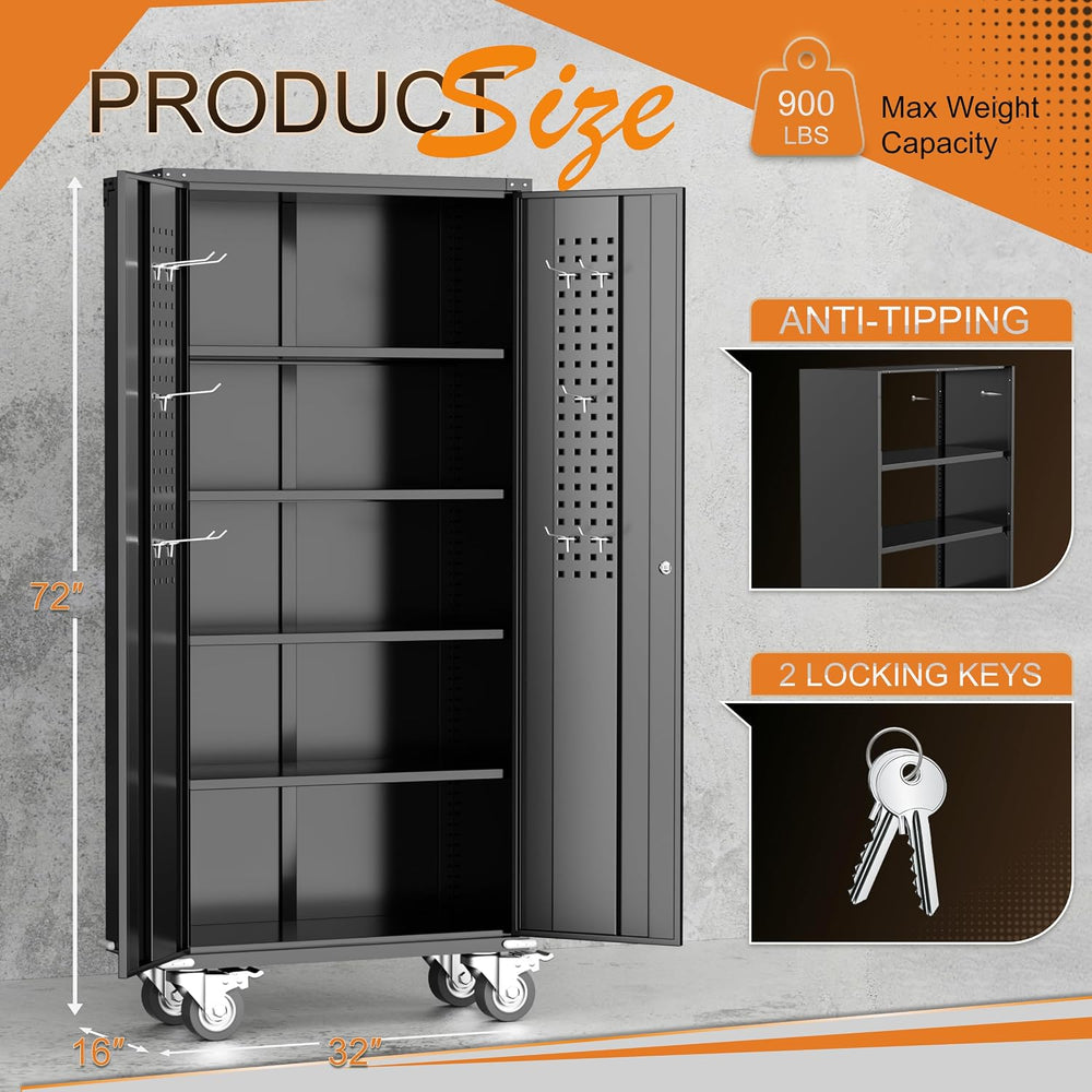 Garage Storage Cabinet with Wheels, 72" H Metal Cabinet with 2 Locking D...