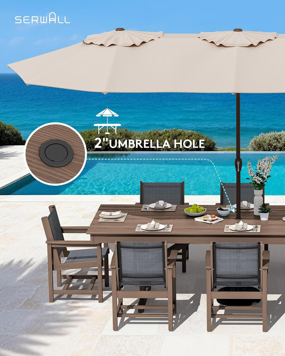 SERWALL 9Pcs HDPE Outdoor Dining Set for 8 with Sling Chairs, Brown