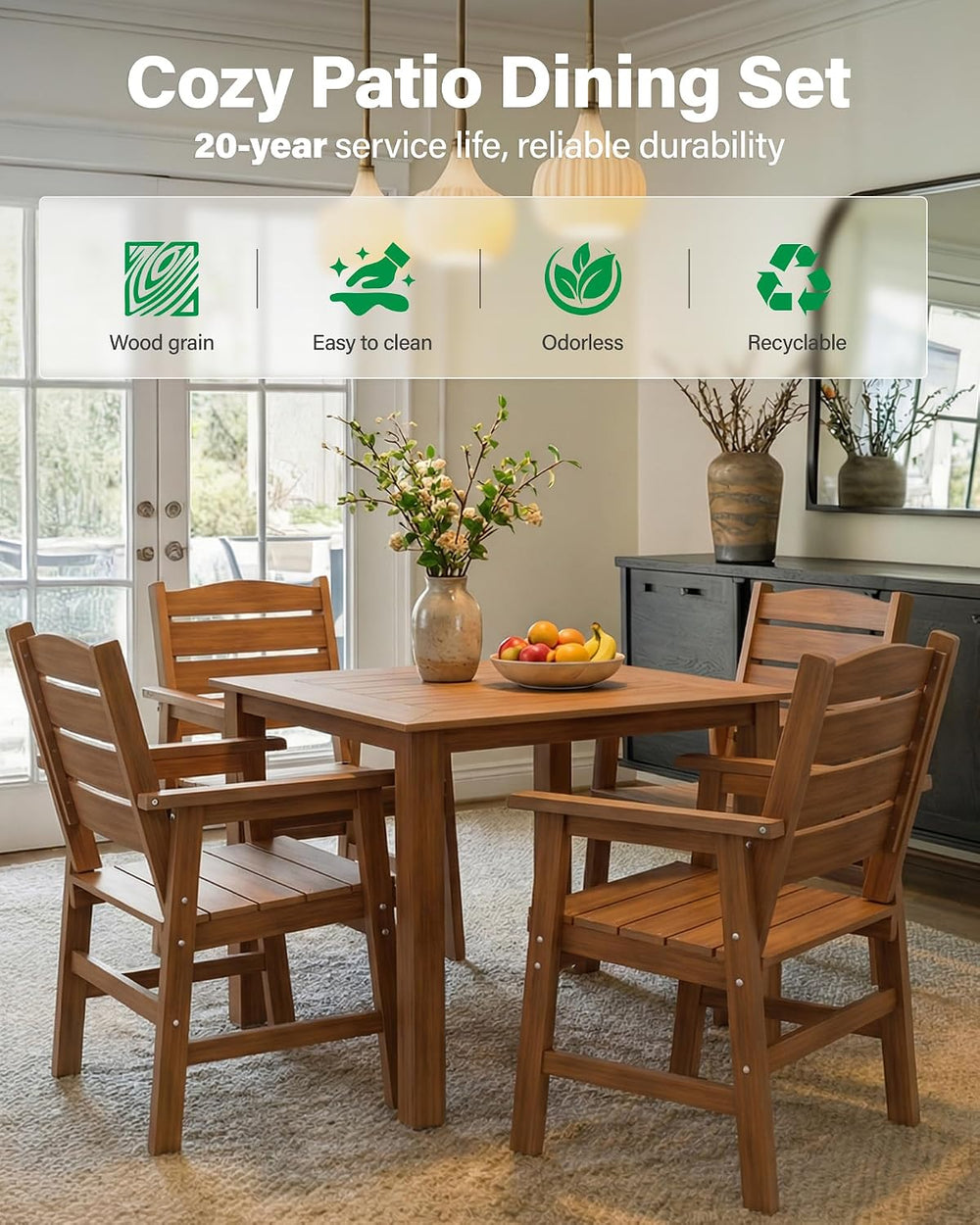 YEFU 5 Piece Square Patio Dining Set, Sturdy Aluminum Frame, HIPS, Teak